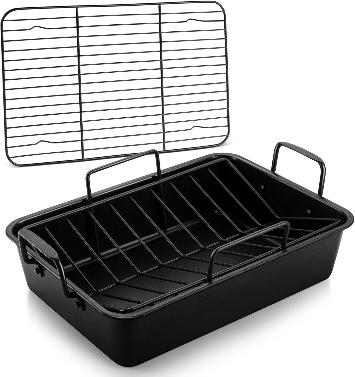 Large Roasting Pan with Rack Set of 3. P&P CHEF 15¼ Turkey Roaster Pan & V-Shape Baking Rack & Cooling Rack for Chicken Rib Lasagna Cookie. Nonstick Coating & Stainless Steel Core. Sturdy & Healthy