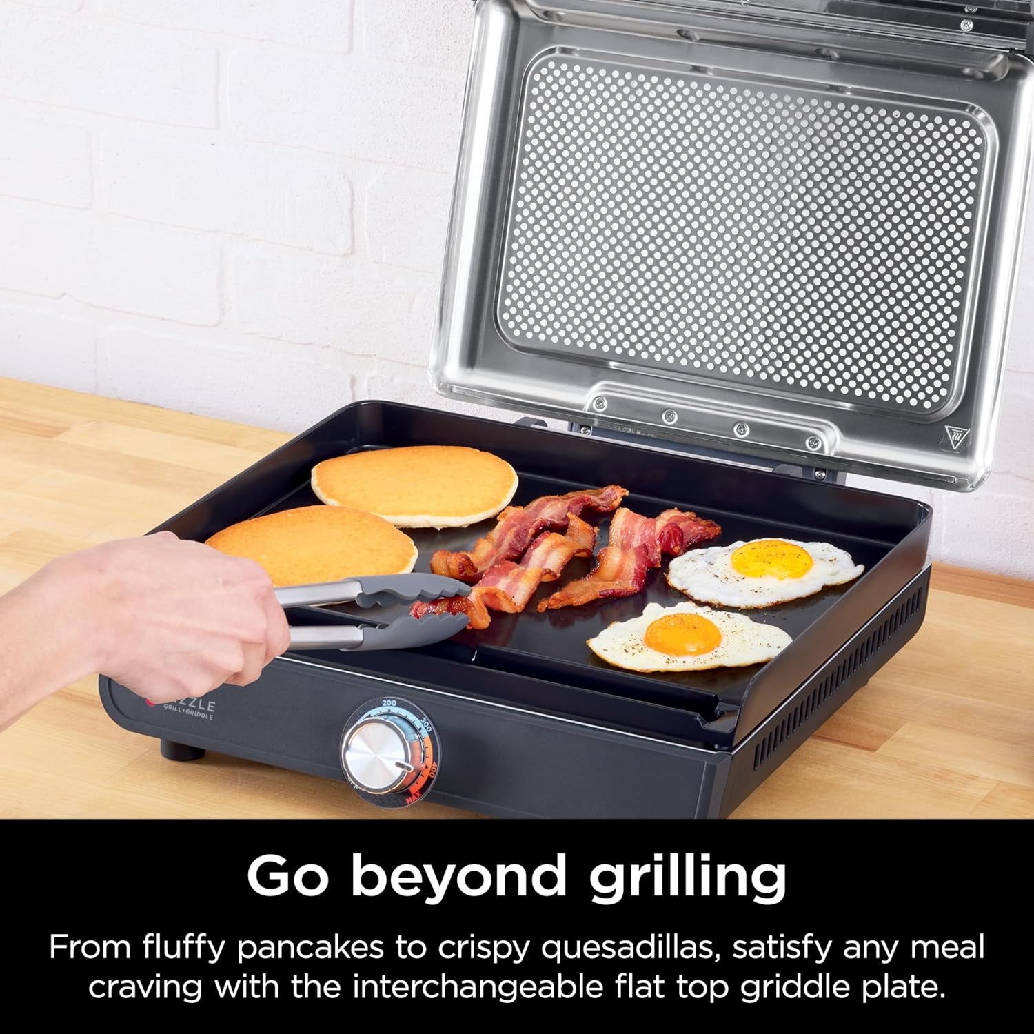 GR101 Sizzle Smokeless Indoor Grill & Griddle. 14'' Interchangeable Nonstick Grill and Griddle Plates. Dishwasher-Safe Removable Mesh Lid. 500F Max Heat. Even Edge-To-Edge Cooking. Grey/Silver - Image 5