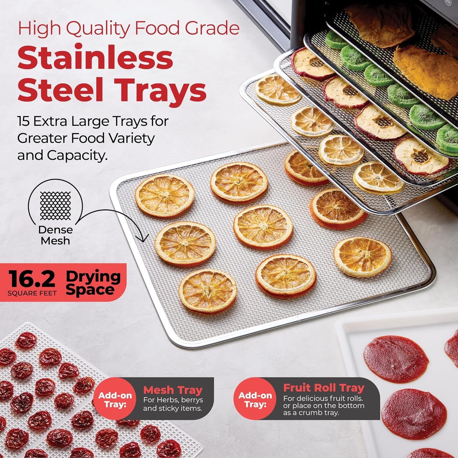 Magic Mill Food Dehydrator Machine – 800W. 15 XL Stainless Steel Trays. 48‑Hr Timer. 95°‑167°F for Jerky. Fruits & Veggies - Image 5