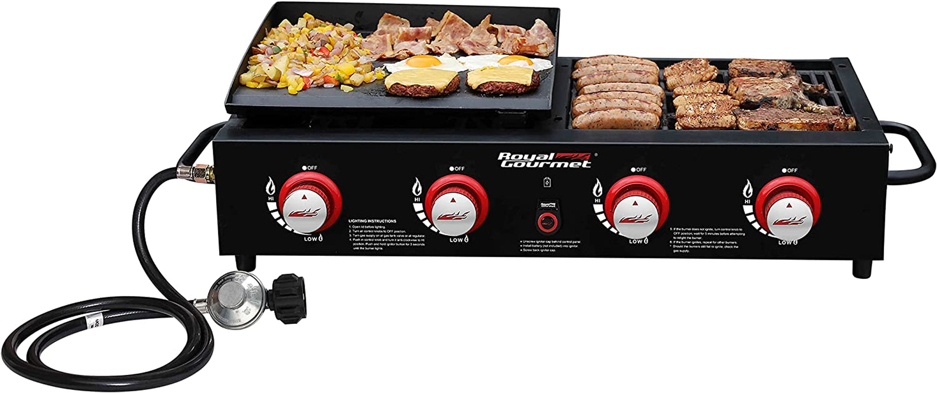 GD4002T Tailgater Tabletop Gas Grill Griddle. 4-Burner Portable Propane Grill Griddle Combo. for Backyard or Outdoor BBQ Cooking. 40.000 BTU. Black