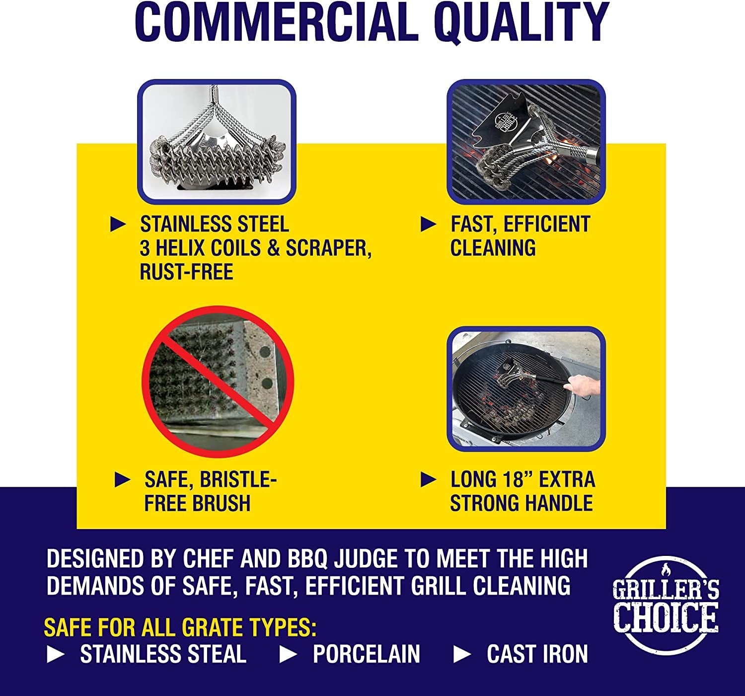 Commercial Grill Brush - 2 Headed Double Helix Coils. Bristle Free. 18 Long Handle. 3 in 1 Professional Barbecue Cleaner. Stainless Steel. All Grill Types. - Image 3
