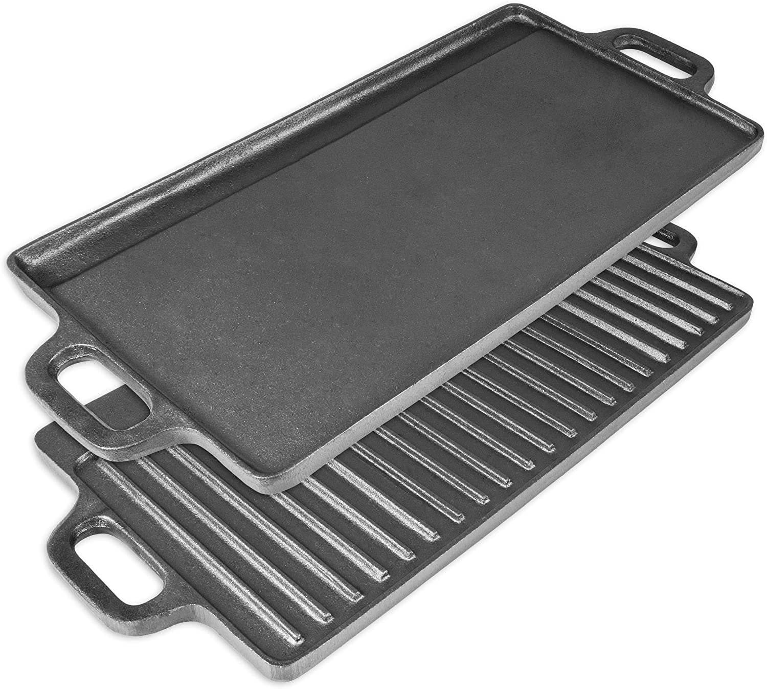 Prosource 2-In-1 Reversible 19.5 X 9 Cast Iron Griddle with Handles. Preseasoned & Non-Stick for Gas Stovetop. Oven and Open Fire.