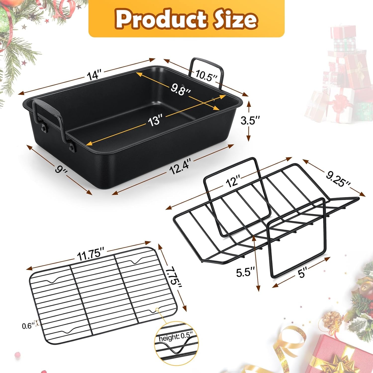 Teamfar Roasting Pan. 14Inch Coated Turkey Roaster Lasagna Pan with V-Shaped Rack & Flat Rack. Non-Stick Coating & Stainless Steel Core. Healthy & Heavy Duty. Deep Sides & Easy to Clean. Set of 3 - Image 2