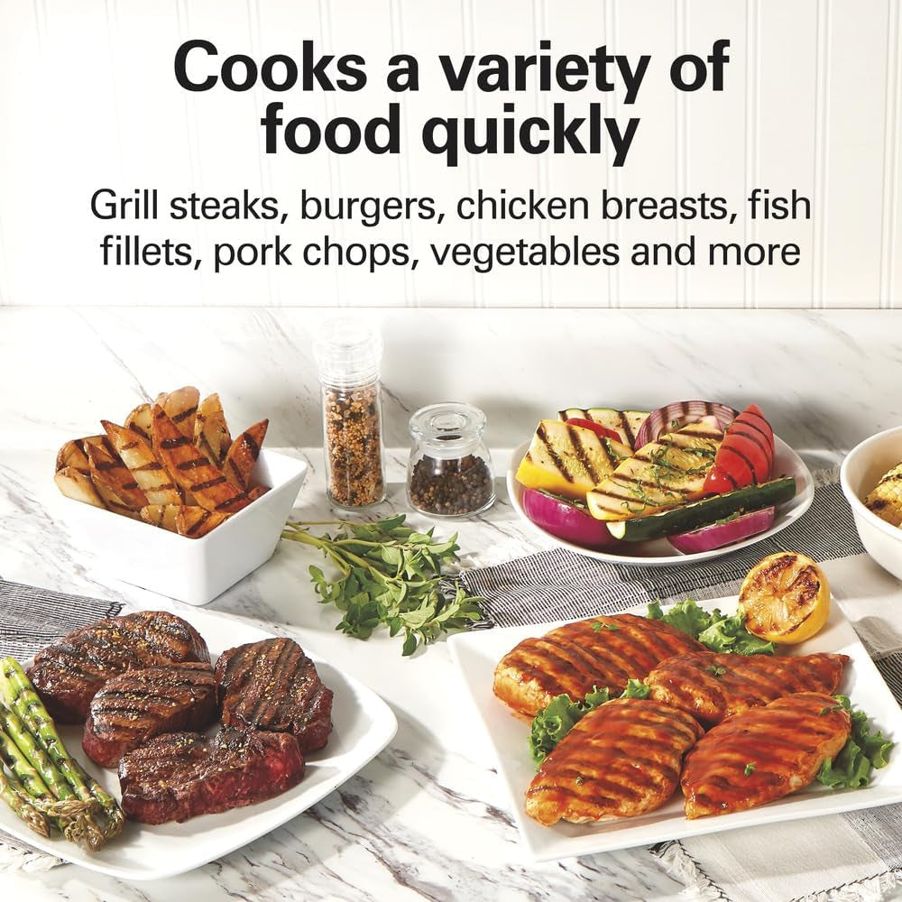 Hamilton Beach Electric Indoor Grill. 6-Serving. Large 90 Sq. In. Nonstick Easy Clean Plates. Floating Hinge for Thicker Foods. 1200 Watts. 6.38D X 12.68W X 13.78H . Silver (25371) - Image 2