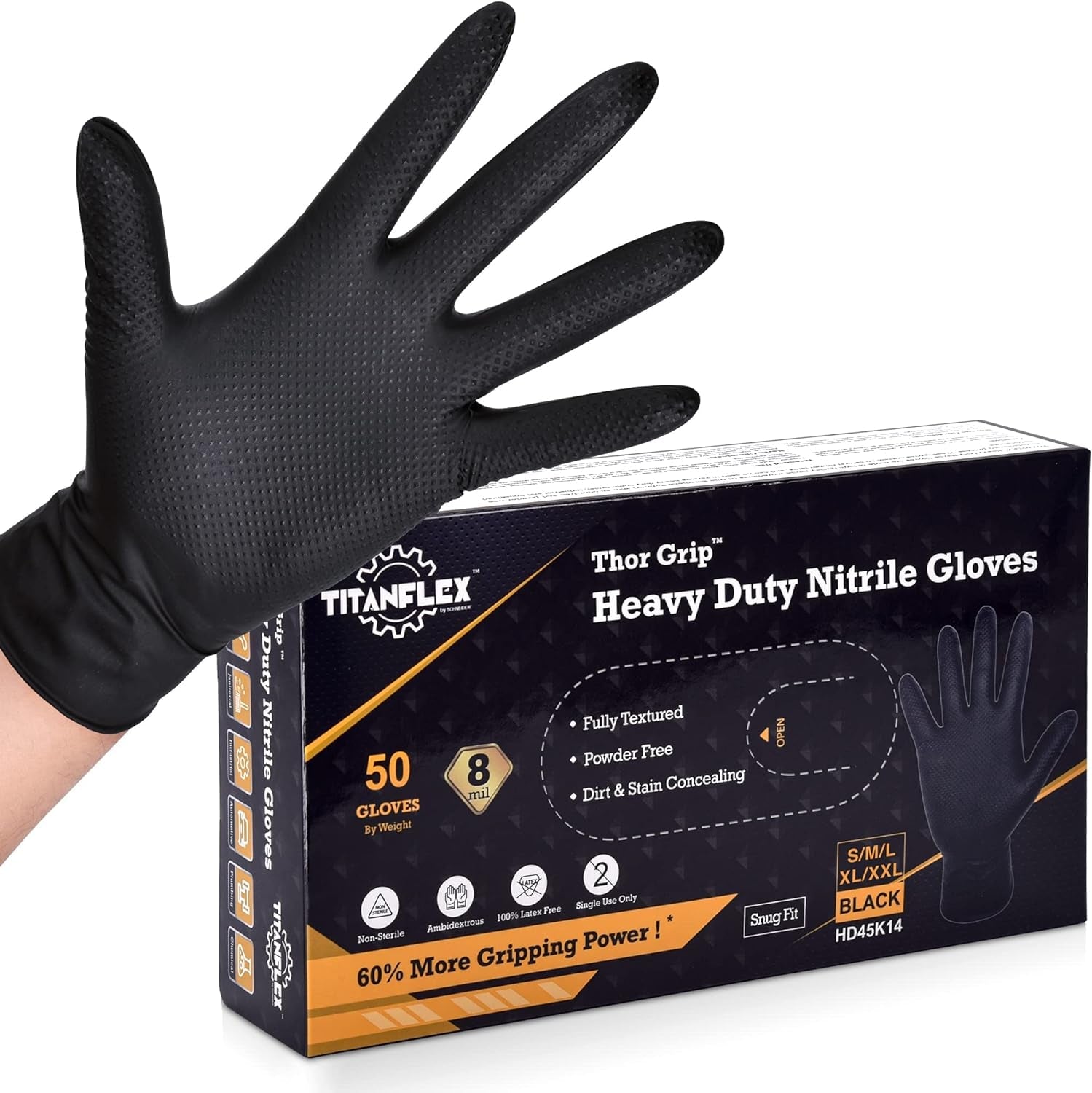 Thor Grip Heavy Duty Black Industrial Nitrile Gloves with Raised Diamond Texture. 8-Mil. Latex Free. 50-Ct Box