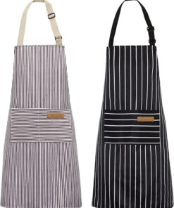 2 Pack Kitchen Cooking Aprons. Adjustable Bib Soft Chef Apron with 2 Pockets for Men Women(Black/Brown Stripes)