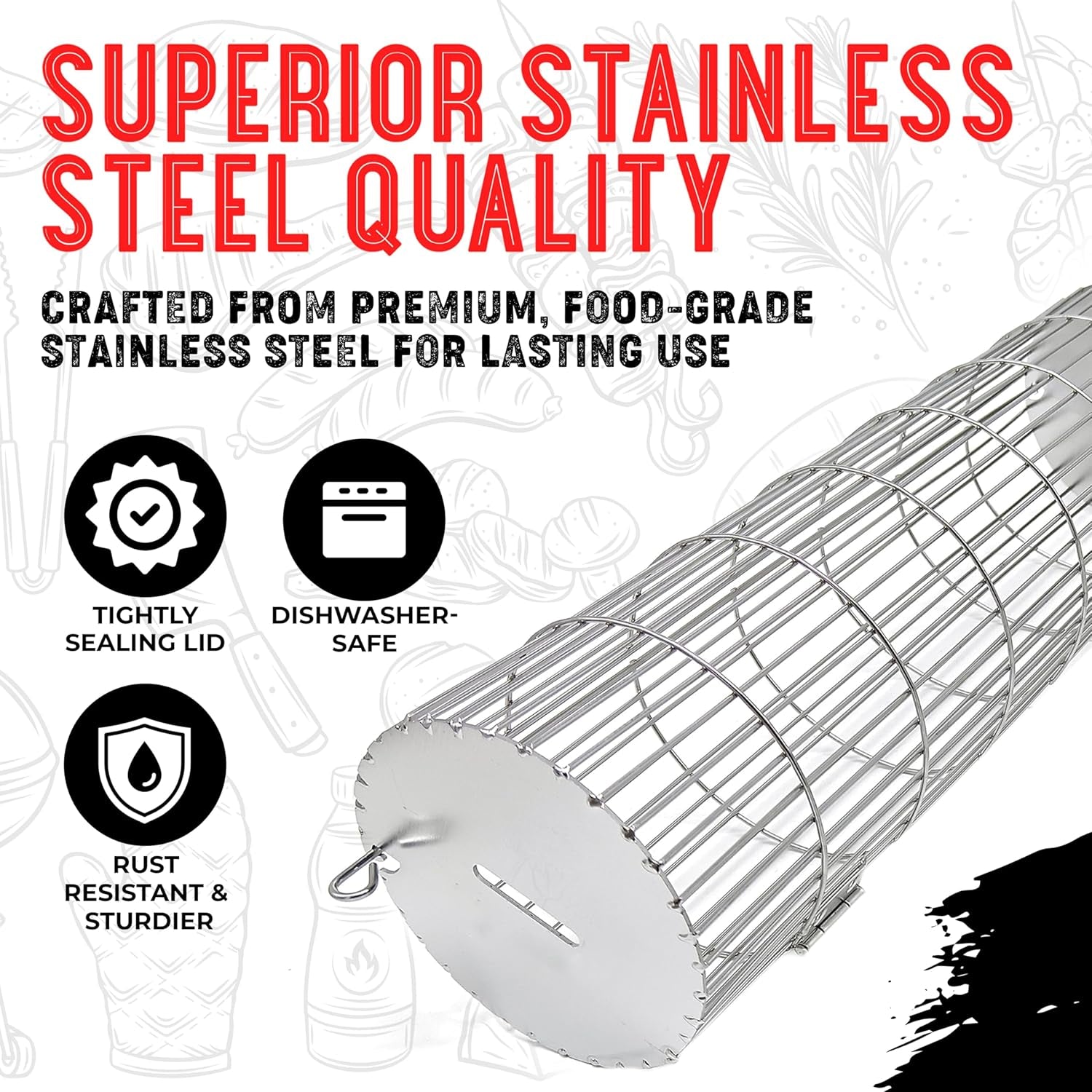 Rolling Grill Basket. New Opening Design. Extra Sturdy Cylinder Grilling Basket. Food Grade Stainless Steel. Large Portable Outdoor Camping Accessories BBQ Net Rack. Cooking Griller for Fish. Vegetables. and More - Gifts for Men Dad Husband - Set of 2 - Image 4