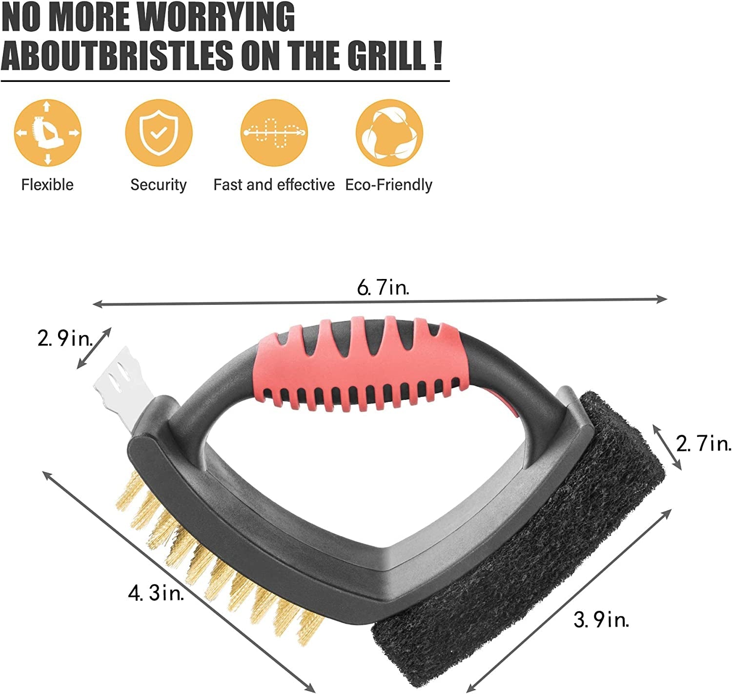 Grill Brush for Outdoor Grill. Brass Grill Cleaning Brush BBQ Cleaning Brush for Outdoor Grill. Multifunctional with Brass Bristle Scouring Pad and Scraper Grill Cleaner Brush and Scraper - Image 3