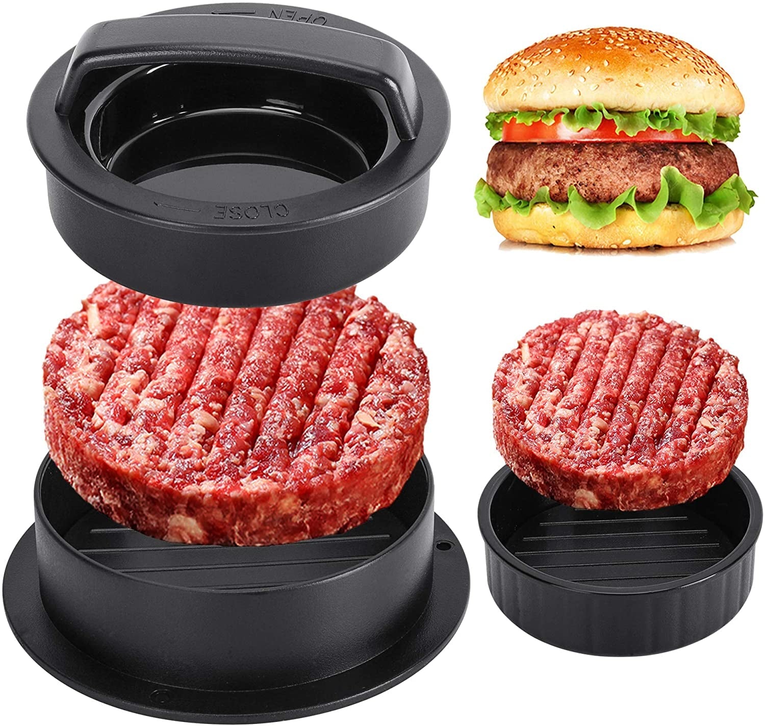 Hamburger Press Patty Maker. Burger Press. 3 in 1 Non-Stick Meat Beef Veggie Hamburger Mold. Kitchen Gadgets to Make Patty for Stuffed Slider BBQ Barbecue Grilling