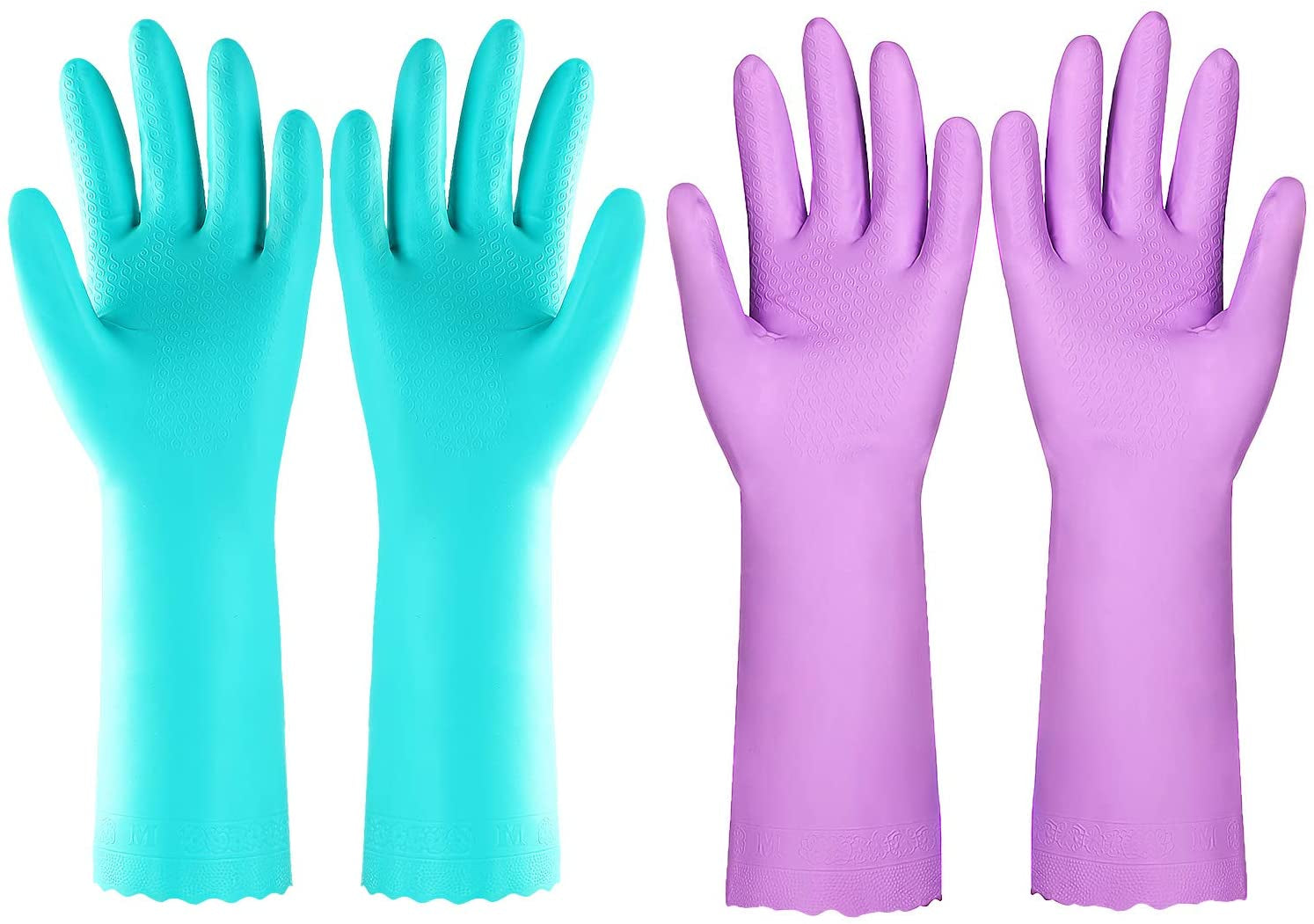 Reusable Dishwashing Cleaning Gloves with Latex Free. Cotton Lining.Kitchen Gloves 2 Pairs.Purple+Blue