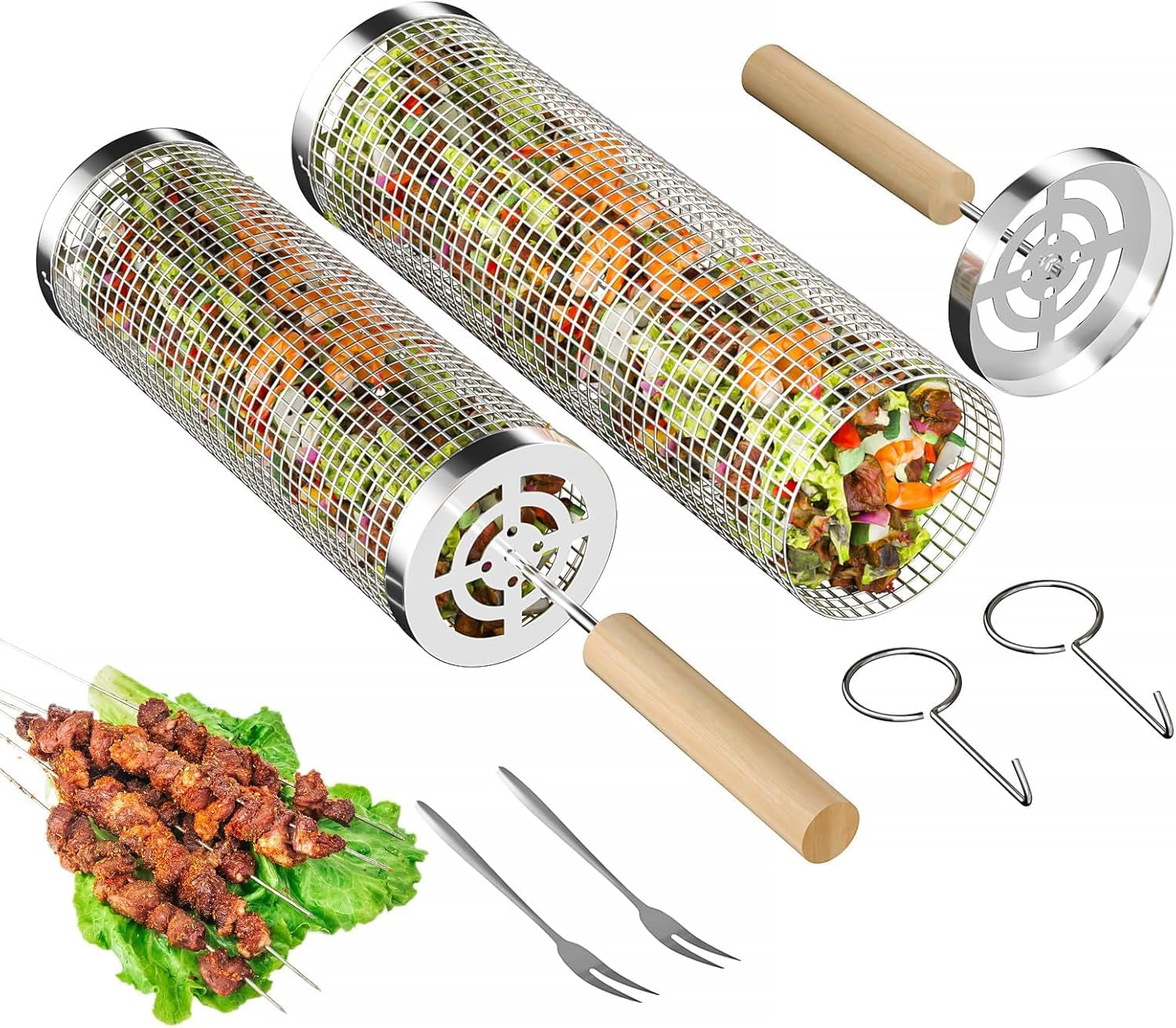 Rolling Grilling Baskets for Outdoor Grill. 2 Pcs BBQ Grill Basket. Stainless Steel Barbeque Grill Accessories Set. Camping Picnic Cooking Tools for Vegetable/Shrimp/Chicken. Gifts for Men Dad Husband - Image 2