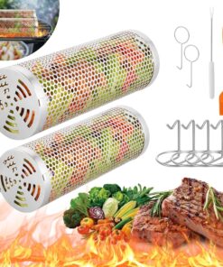 Reclite Rolling Grilling Baskets for Outdoor Grilling BBQ Grill Basket Stainless Steel. Grill Basket for Veggies Fish. Shrimp. Meat. Fries Food Camping. Gift for Men(Small+Large)
