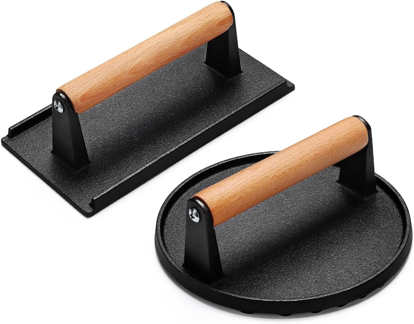 AIVIKI Burger Press. Smash Burger Press for Blackstone Griddle. Heavy Duty Cast Iron round 6.9In & Rectangular 8.2X4.2In Bacon Grill Press with Wood Handle. Meat Steak Weight for Sandwich. Paninis