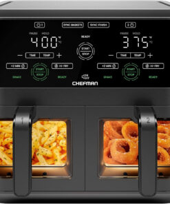 CHEFMAN 6 Quart Dual Basket Air Fryer Oven with Easy View Windows. Sync Finish. Hi-Fry. Auto Shutoff. 2 Independent 3Qt Nonstick Dishwasher Safe Frying Baskets. Digital Double Air Fryer - Black