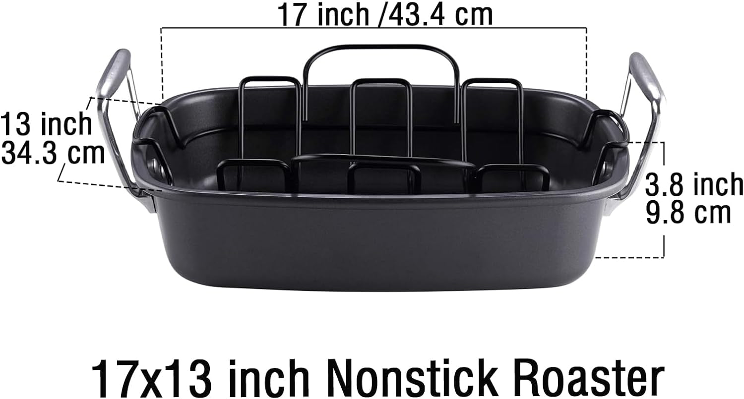 Cook N Home Nonstick Roasting Pan Bakeware Roaster with Rack. 17X13-Inches. Black - Image 2