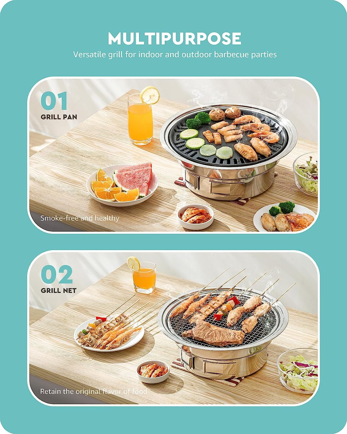 Baffect BBQ Charcoal Grill. 13.7 Inch Non-Stick Stainless Steel Korean Barbecue Grill. Portable Charcoal Stove for Outdoors Camping Picnic and Indoor Party Cooking - Image 4