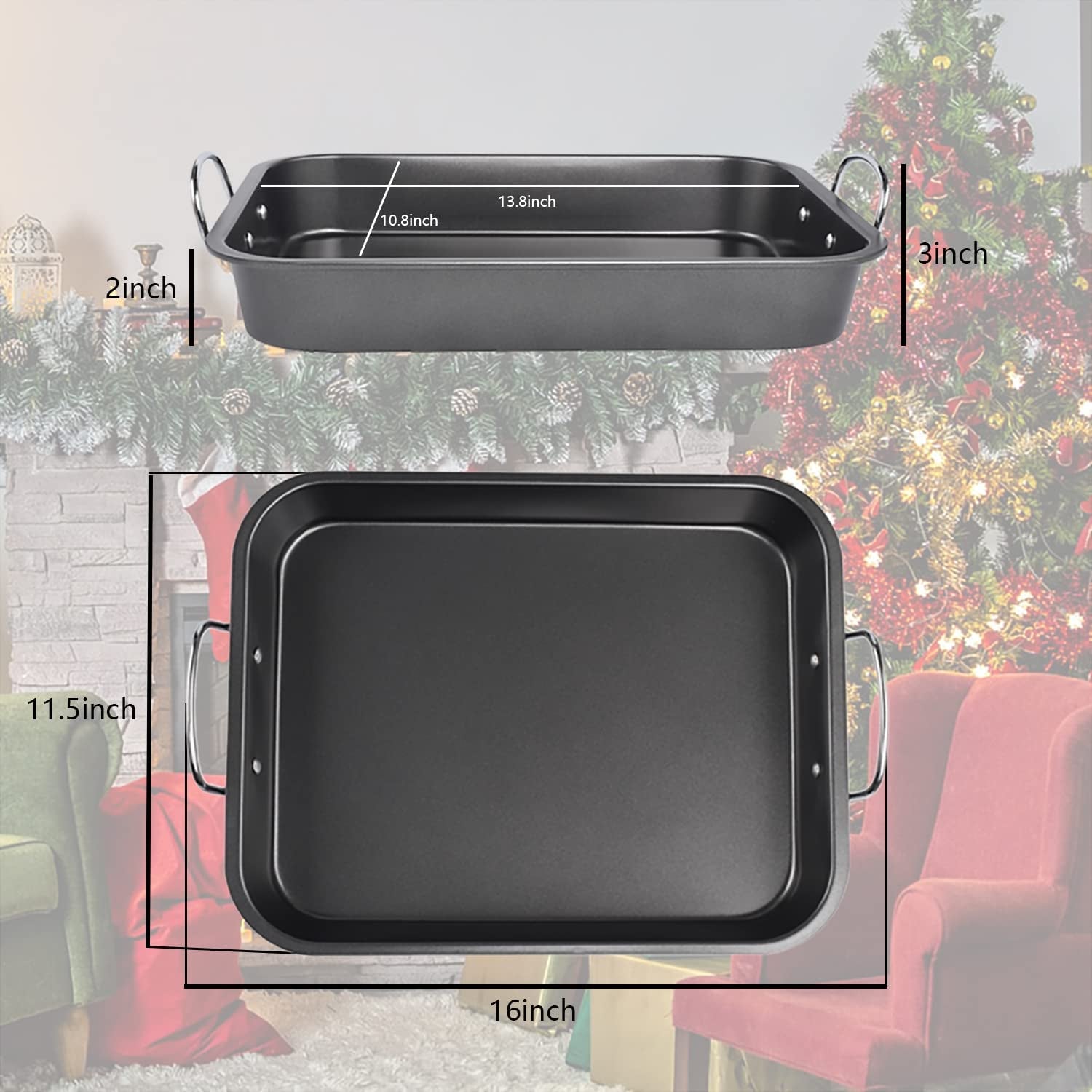 Kitcom Nonstick Roasting Pan with Rack. 16 Inch X 11.5 Inch Rectangular Roaster Set for Roasting Turkey. Chicken. Meat and Veggies. Gray - Image 2