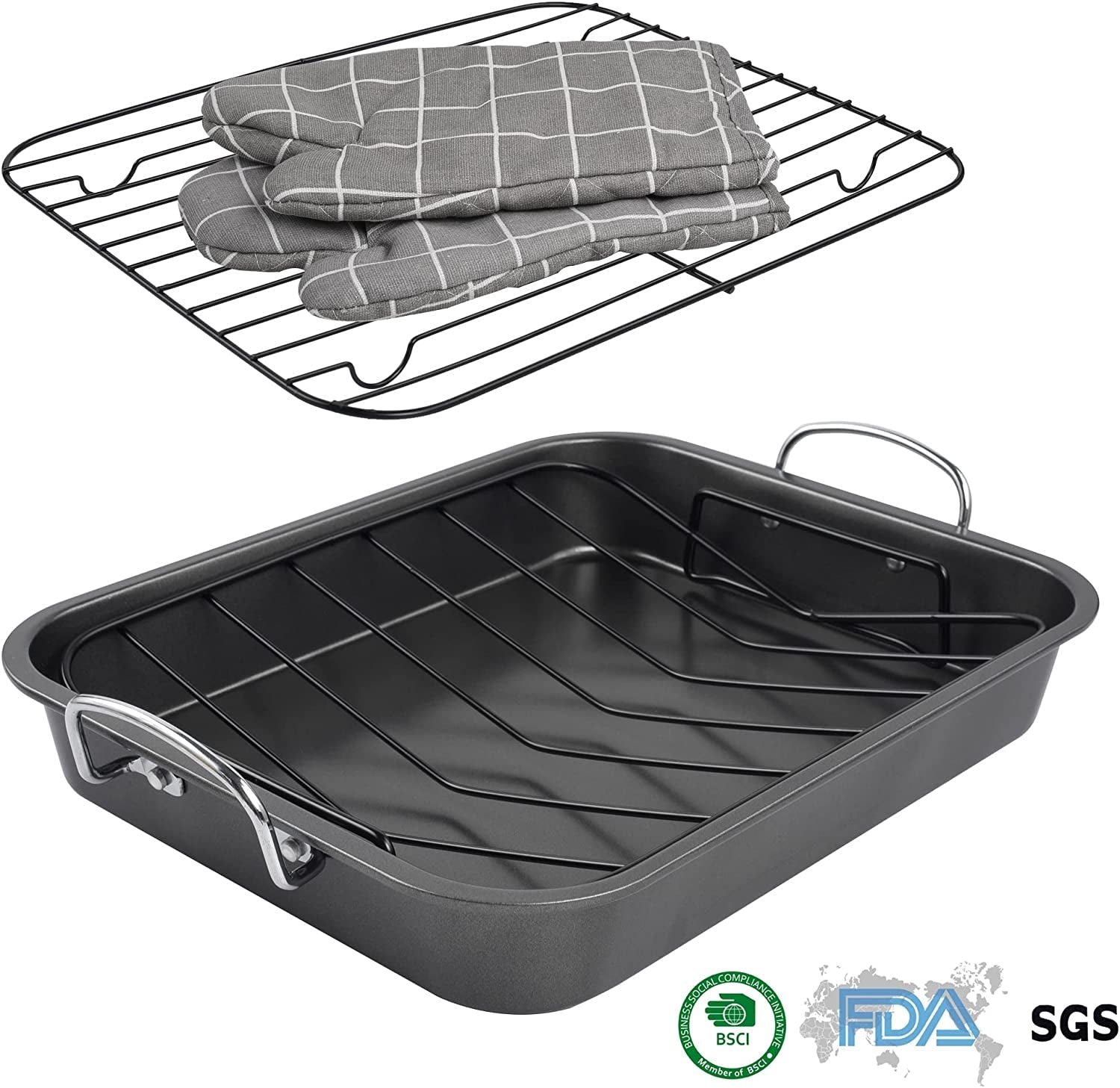 Kitcom Nonstick Roasting Pan with Rack. 16 Inch X 11.5 Inch Rectangular Roaster Set for Roasting Turkey. Chicken. Meat and Veggies. Gray - Image 7