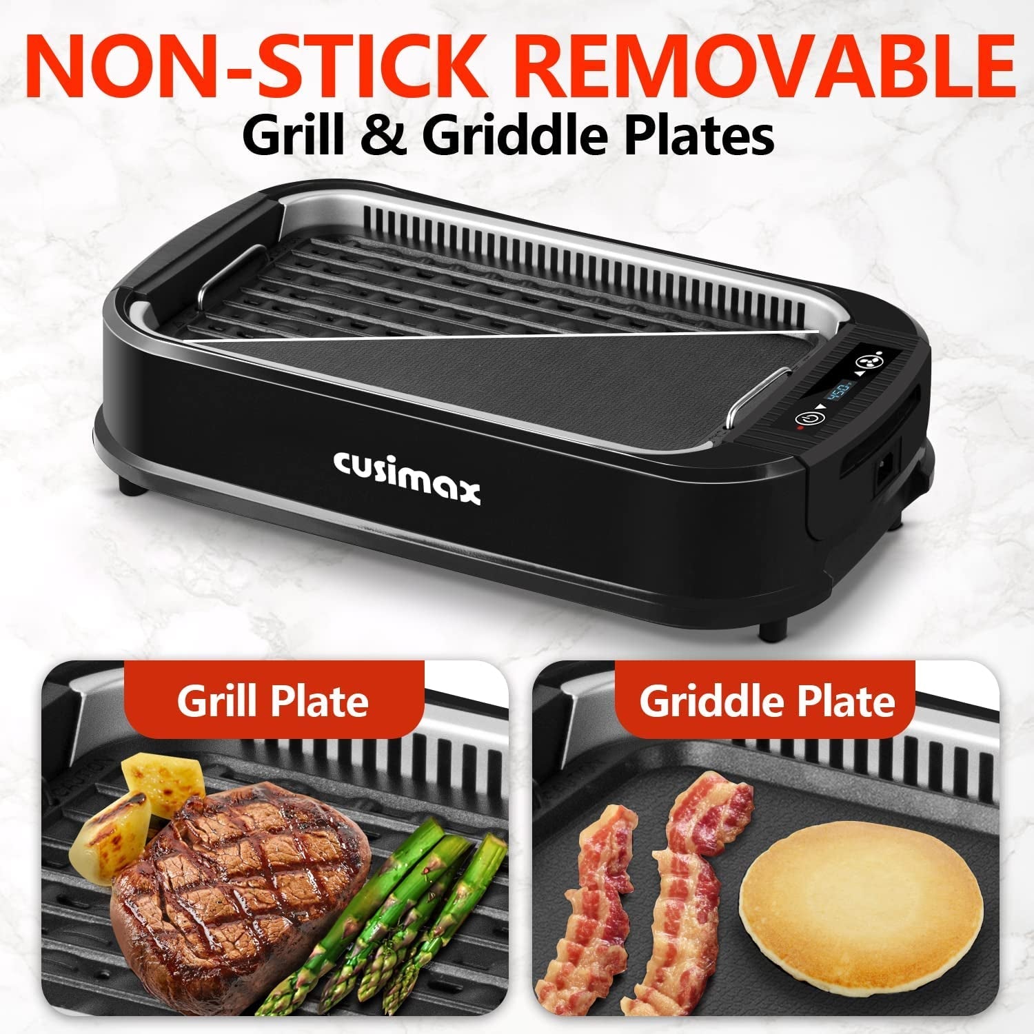 Indoor Grill. Smokeless Grill Indoor. 1500W Electric Grill Griddle Korean BBQ Grill with LED Smart Display & Tempered Glass Lid. Non-Stick Removable Grill Plate & Griddle Plate. Black - Image 2