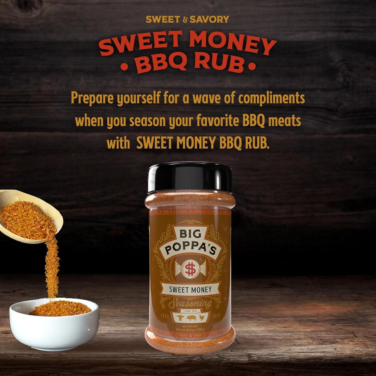 Big Poppa'S Sweet Money BBQ Rub — Award Winning Pork BBQ Rub — Gluten-Free Spice Mix — Dry Rubs for Smoking and Grilling with Granulated Honey (14 Oz) - Image 2