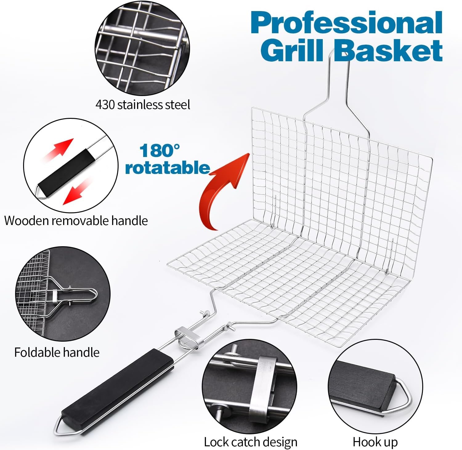 Grill Basket. Large Folding Grilling Basket with Grill Cleaning Brush. Stainless Steel Grill Basket. for Chicken. Meat. Steak. Chops(1Pcs Large Grill Basket + 1Pcs Brush) - Image 5