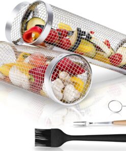 Rolling Grill Basket Set - Two BBQ Grilling Baskets. One Oil Brush. Fork and Hook. BBQ Grilling Accessories Set - Perfect Grill Accessories for Outdoor Grill or Campfire Grill Grate. Grill Pan Grill Tools Grilling Gifts