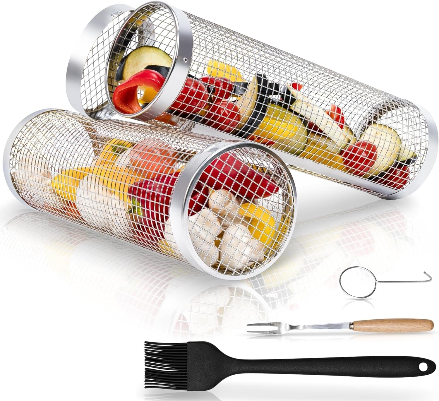 Rolling Grill Basket Set - Two BBQ Grilling Baskets. One Oil Brush. Fork and Hook. BBQ Grilling Accessories Set - Perfect Grill Accessories for Outdoor Grill or Campfire Grill Grate. Grill Pan Grill Tools Grilling Gifts