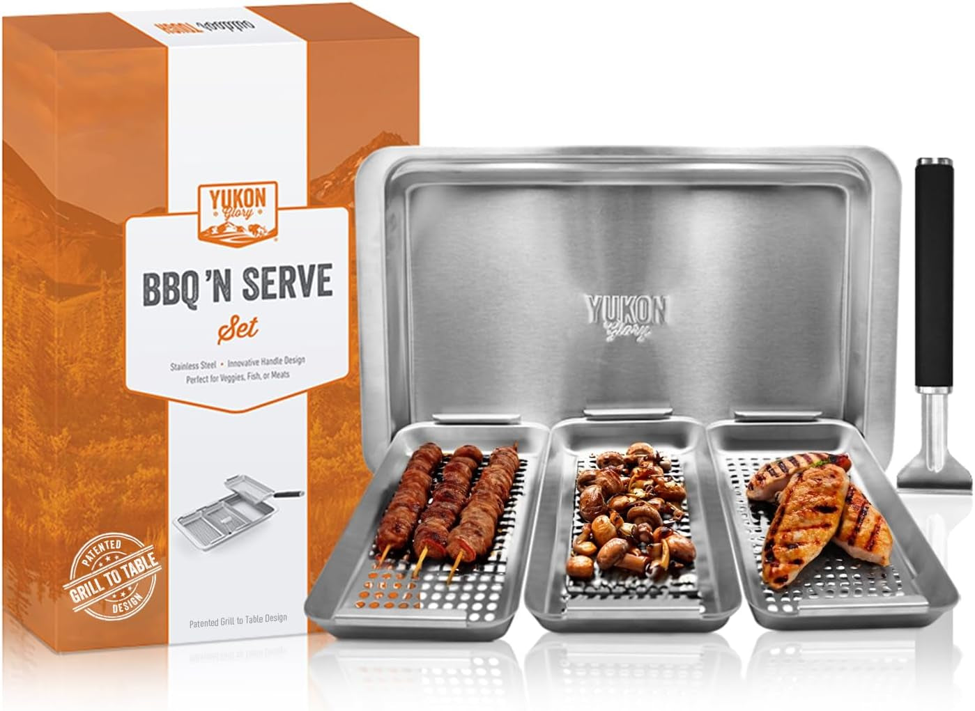 ™ BBQ 'N SERVE Grill Basket Set - Includes 3 Grilling Baskets a Serving Tray & Clip-On Handle - Patented Grill-To-Table Design Perfect for Grilling Fish Veggies & Meats