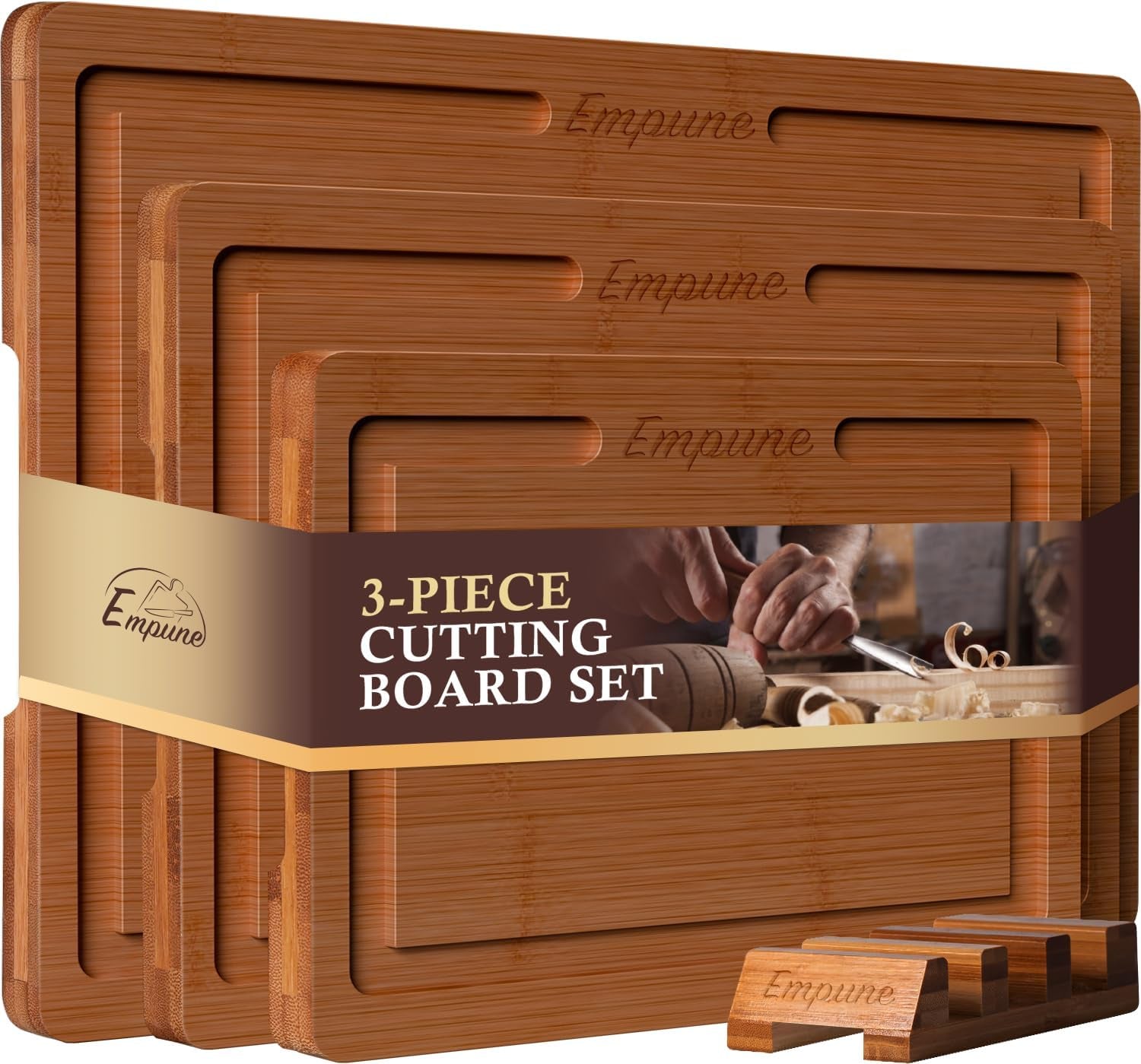 Empune Bamboo Cutting Board Set. Wood Cutting Boards for Kitchen with Holder Wooden Chopping Board for Meal Prep & Serving - Image 9