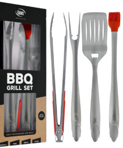 Grill Set. Heavy Duty Thick Stainless Steel Grilling Utensils 5 Piece Grilling Set. Tong. Fork. Spatula. Basting Brush Extra Long Grill Accessories