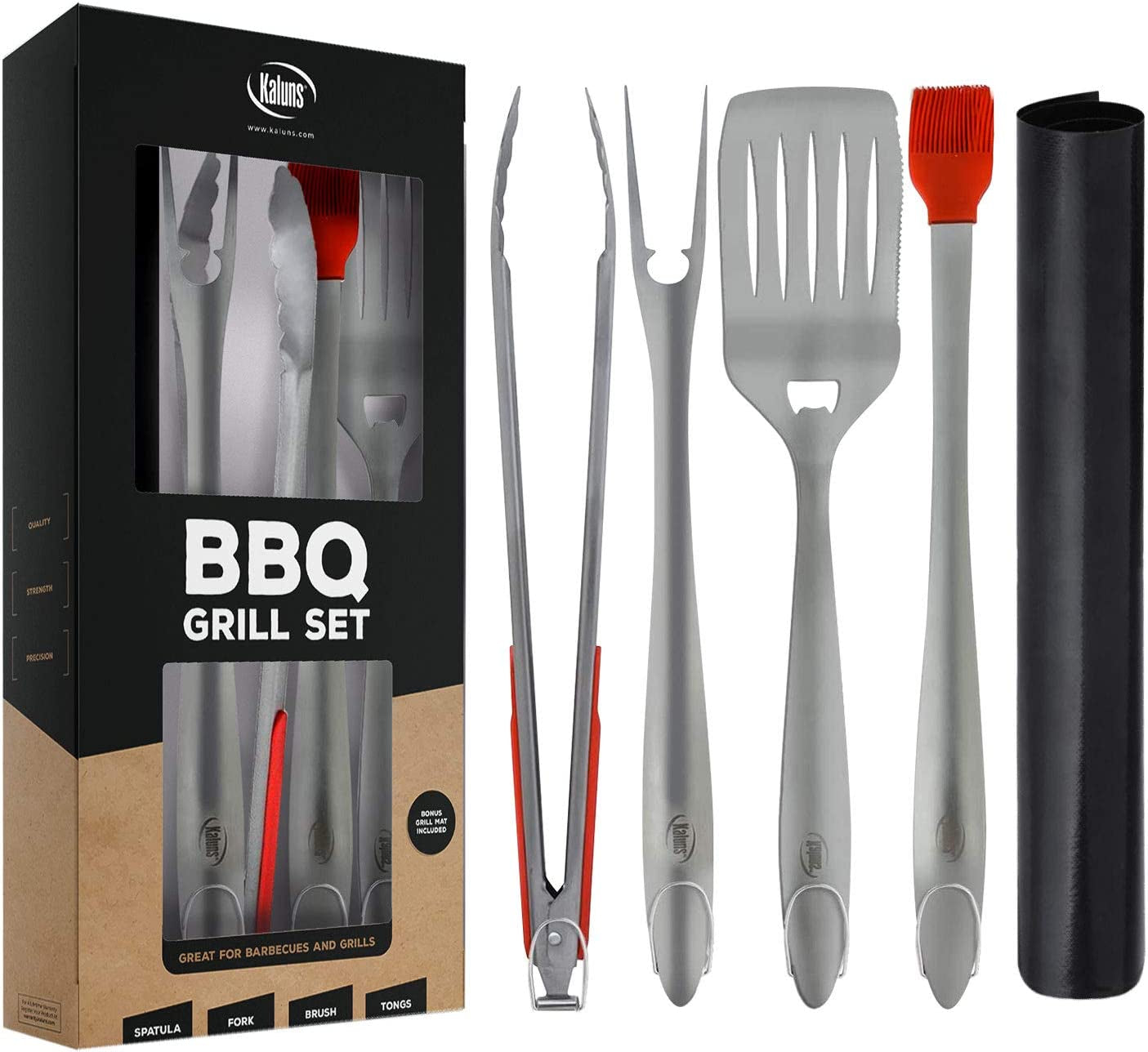 Grill Set. Heavy Duty Thick Stainless Steel Grilling Utensils 5 Piece Grilling Set. Tong. Fork. Spatula. Basting Brush Extra Long Grill Accessories