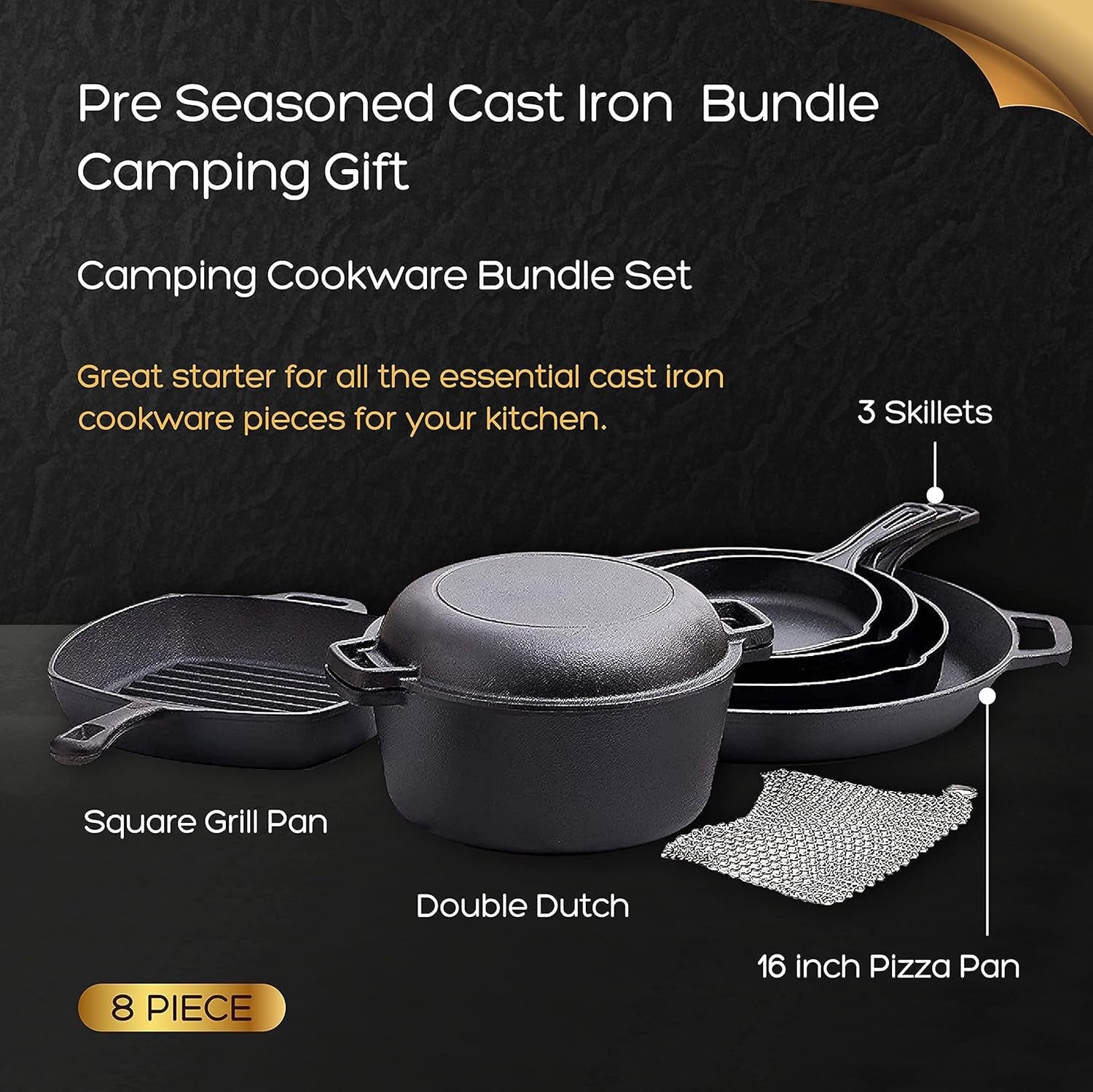 Bruntmor Pre-Seasoned Cast Iron Cookware Set - 8-Piece Bundle with Skillets. Grill Pan. Dutch Oven. Pizza Pan. and Utensils - Durable Pots and Pans Set for Cooking - Ideal Gift for Home or Camping - Image 5