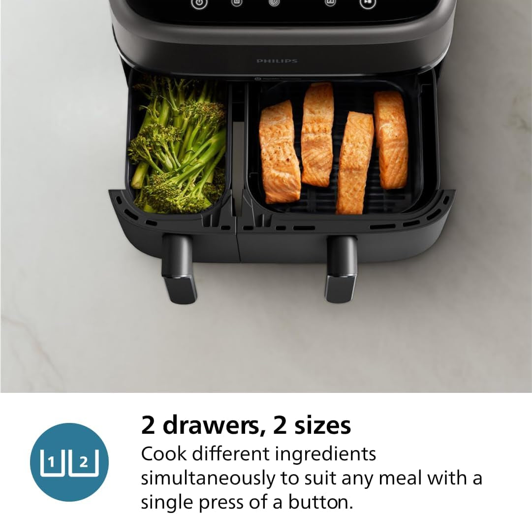 Philips Dual Basket Air Fryer 3000 Series. 8-In-1 Functions. 9.5 Quarts. 2 Drawers. Auto-Sync Cooking Time. 90% Less Fat. Rapid Air Technology. Homeid Recipe App. Dishwasher Safe. Black. (NA350/00) - Image 3