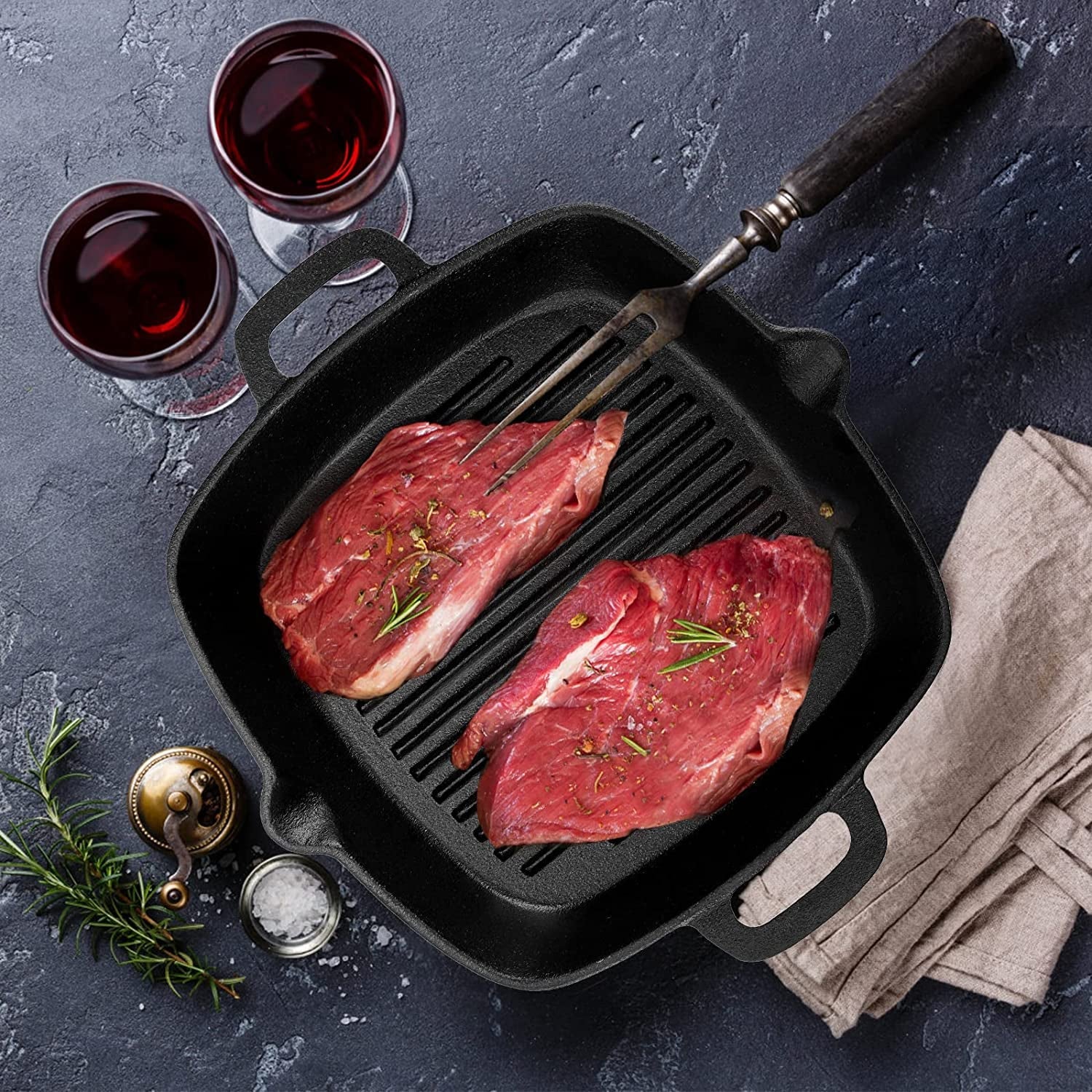 Cast Iron Grill Pan. 10 Square Skillet with Easy Grease Drain Spout and Two Heat Insulated Silicone Handle Cover. Pre Seasoned Grill Pan for Grilling Bacon. Steak. Meats. Camping - Image 6