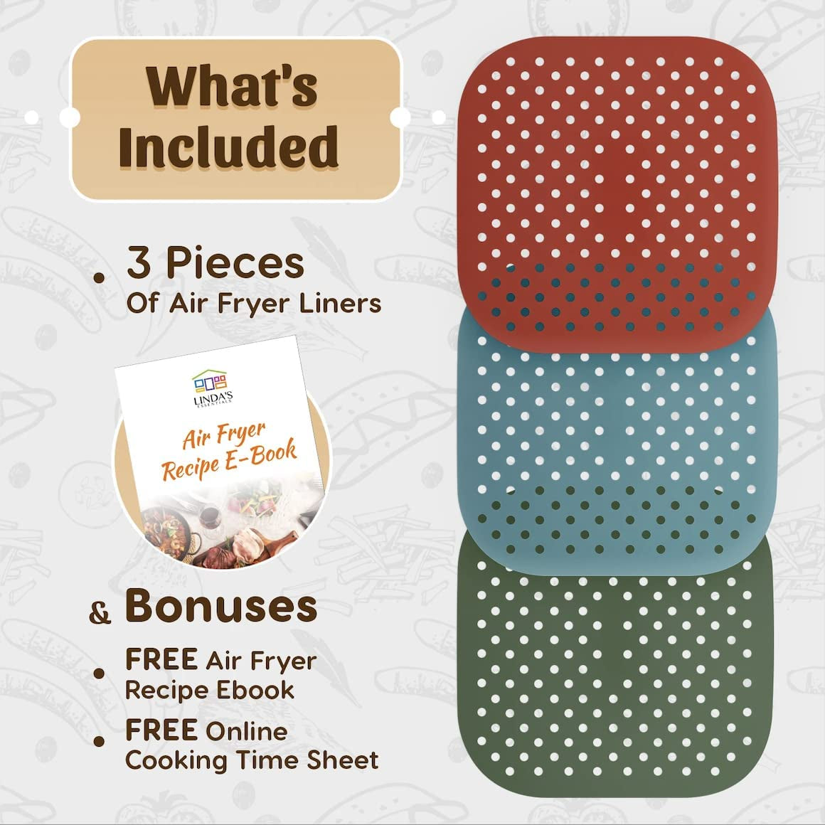 Reusable Square Silicone Air Fryer Liners (8.5 Inch. 3 Pack) by Linda'S Essentials - Non-Stick. Easy-Clean Accessories with Cheat Sheet & Recipe Book. Perfect for Quick Meals - Image 2