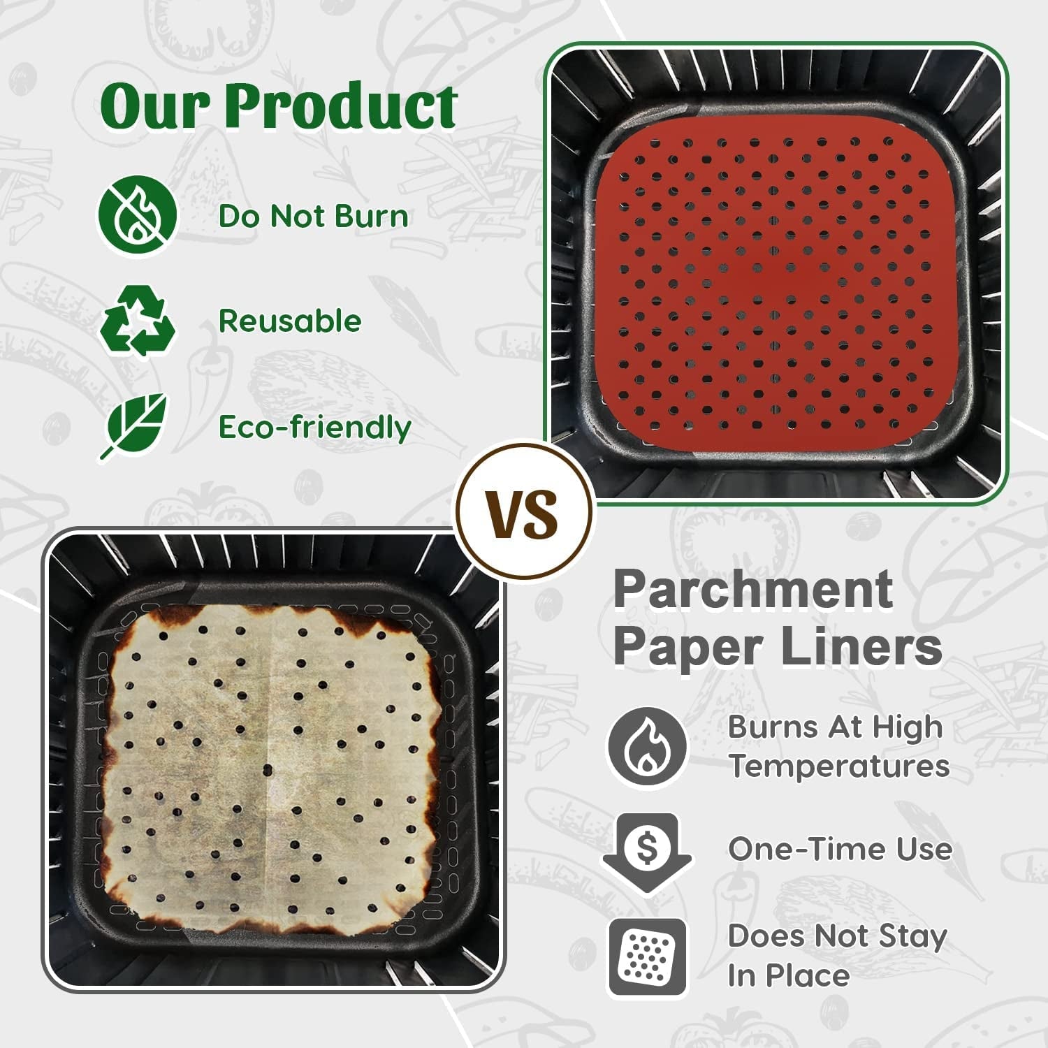 Reusable Square Silicone Air Fryer Liners (8.5 Inch. 3 Pack) by Linda'S Essentials - Non-Stick. Easy-Clean Accessories with Cheat Sheet & Recipe Book. Perfect for Quick Meals - Image 4