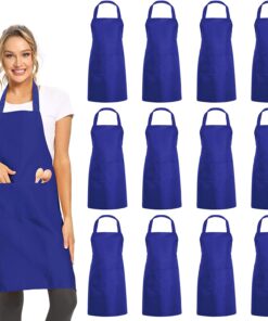 12 Pack Plain Bib Aprons with 2 Pockets - Blue Unisex Commercial Apron Bulk for Kitchen Cooking Restaurant BBQ Painting Crafting
