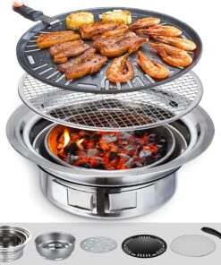 Puraville Charcoal Barbecue Grill. 13.7 Inches Non-Stick Korean BBQ Grill. Portable Stainless Steel Charcoal Stove for Home Party Outdoor Camping