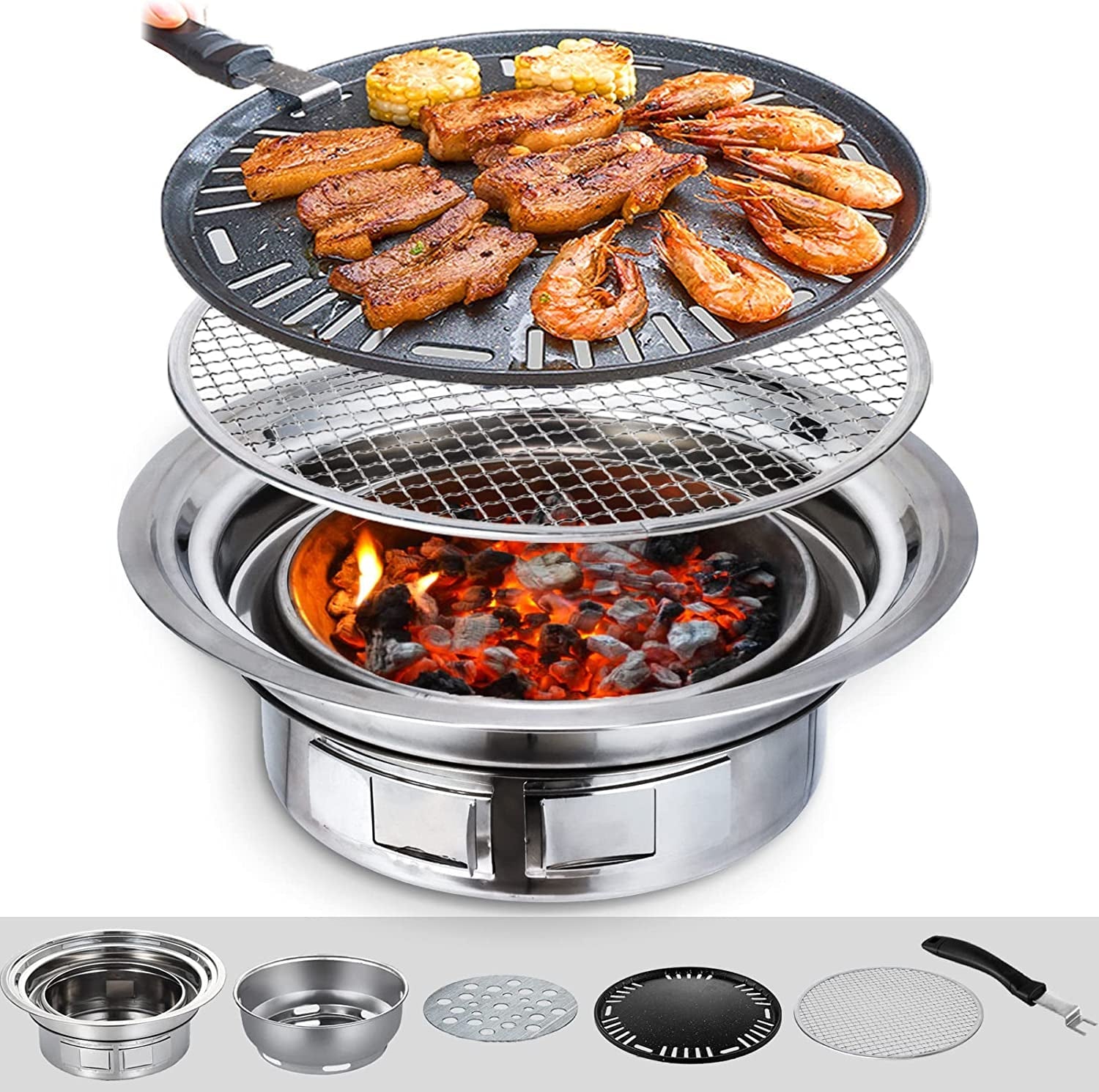 Puraville Charcoal Barbecue Grill. 13.7 Inches Non-Stick Korean BBQ Grill. Portable Stainless Steel Charcoal Stove for Home Party Outdoor Camping