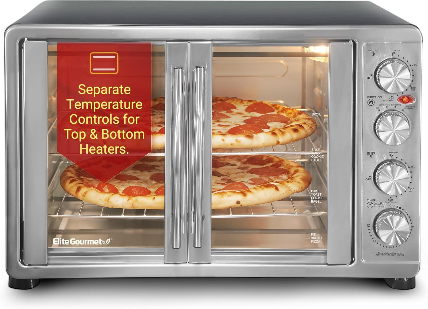 Elite Gourmet ETO-4510M French Door 47.5Qt. 18-Slice Convection Oven 4-Control Knobs. Bake Broil Toast Rotisserie Keep Warm. Includes 2 X 12 Pizza Racks. Stainless Steel - Image 10