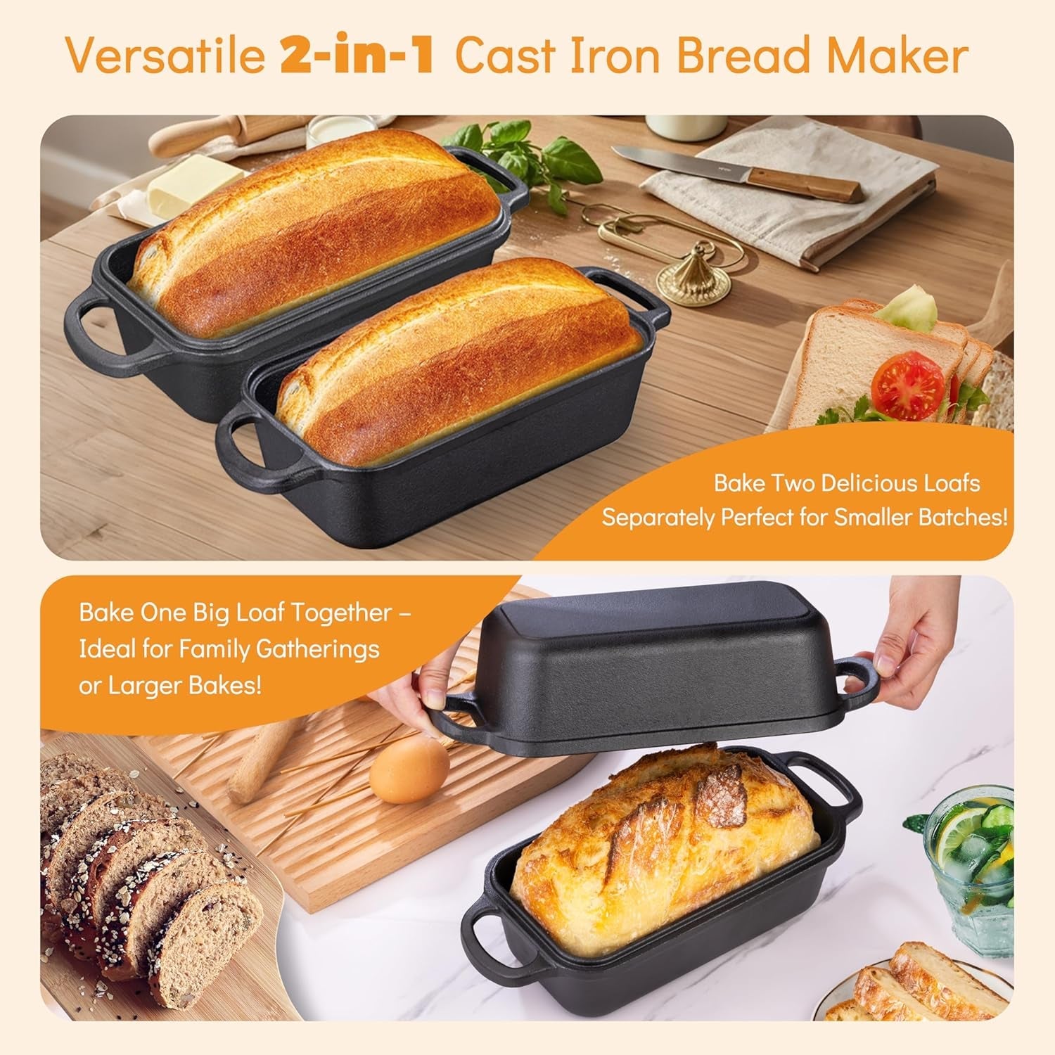 Grmimosa 2 in 1 Cast Iron Bread Loaf Pan with Lid. Loaf Pans for Baking Bread 9X5. Even Heat Distribution for Meatloaf. Homemade Bread - Image 5