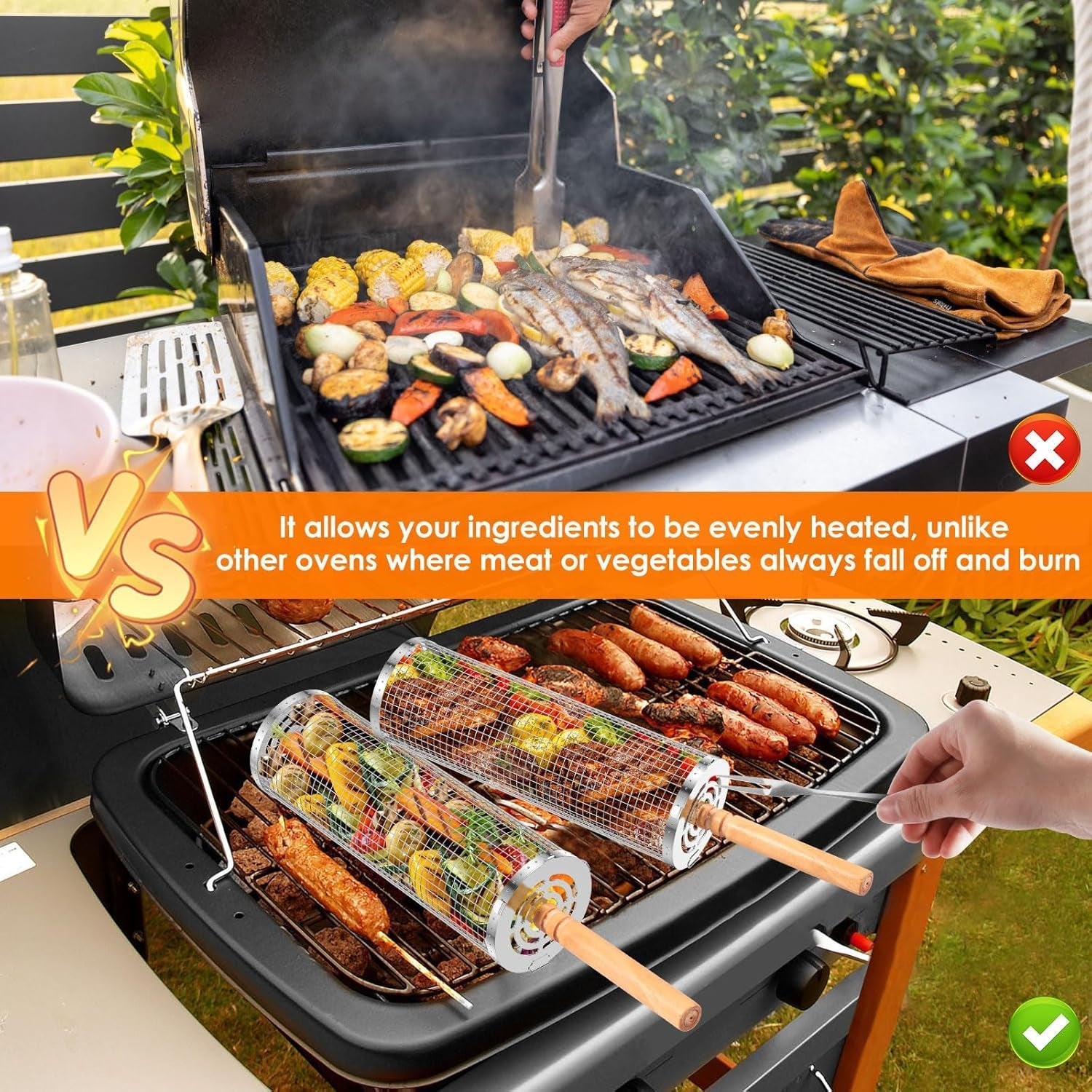 Rolling Grill Baskets for Outdoor Grill. Nesting Grill Baskets with Wood Handle Stainless Tube round Rolling Grill Net Rolling Basket for BBQ Cooking Camping - Image 6