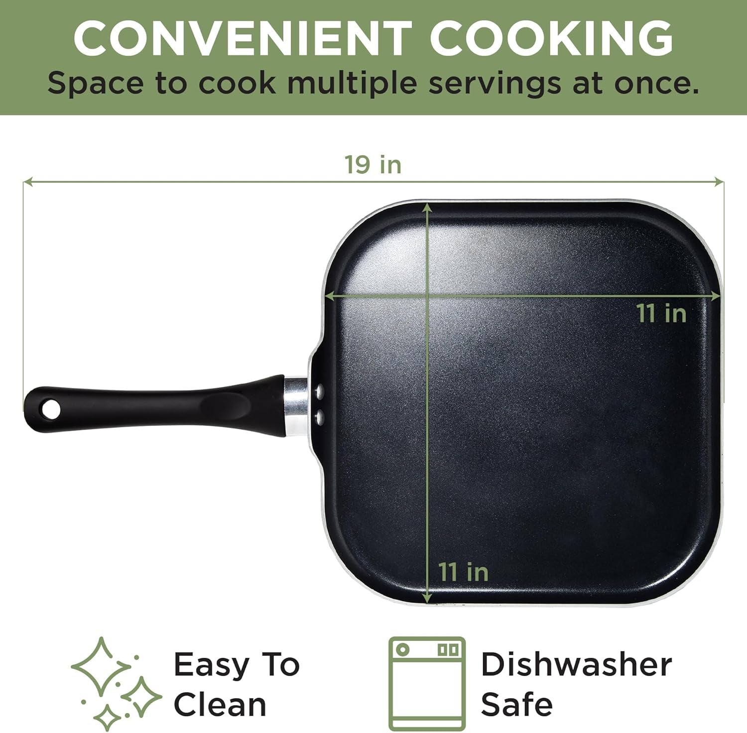 Ecolution Artistry Nonstick Square Griddle. Easy to Clean. Comfortable Handle. Even Heating. Dishwasher Safe Pots and Pans. 11-Inch. Black - Image 6