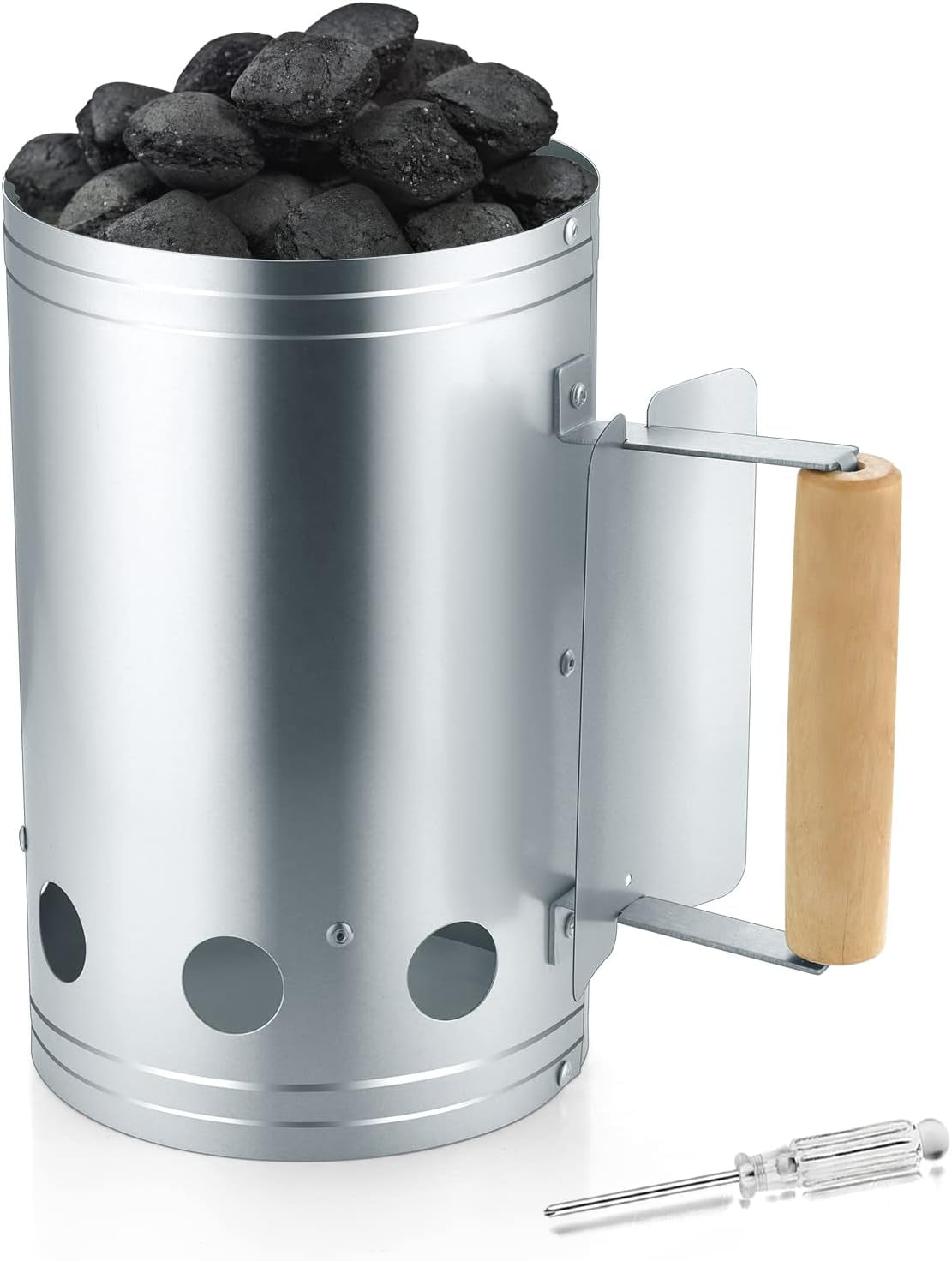 Hasteel Charcoal Chimney. 10.6X6.7 Inch Heavy Duty BBQ Chimney Starter for Outdoor Grilling Barbecue Camping. Quick Rapid Fir Briquette Coal. Heat Resistant Wooden Handle & Screwdriver