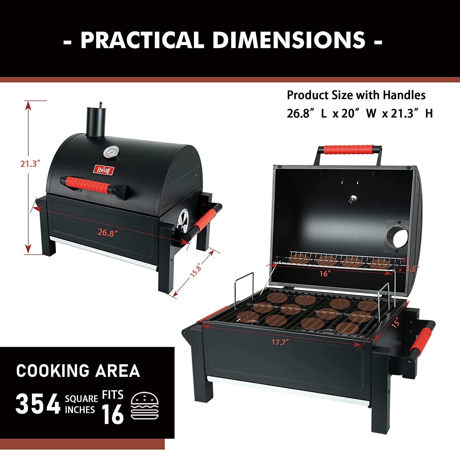 Feasto Portable Charcoal Grill Grates with Cast Iron Grill. Anti-Scalding Handles.Tabletop Grill with 354 Square Inches Cooking Area. for Outdoor Camping and Picnic. Black. L26.8''X W20''X H21.3'' - Image 3
