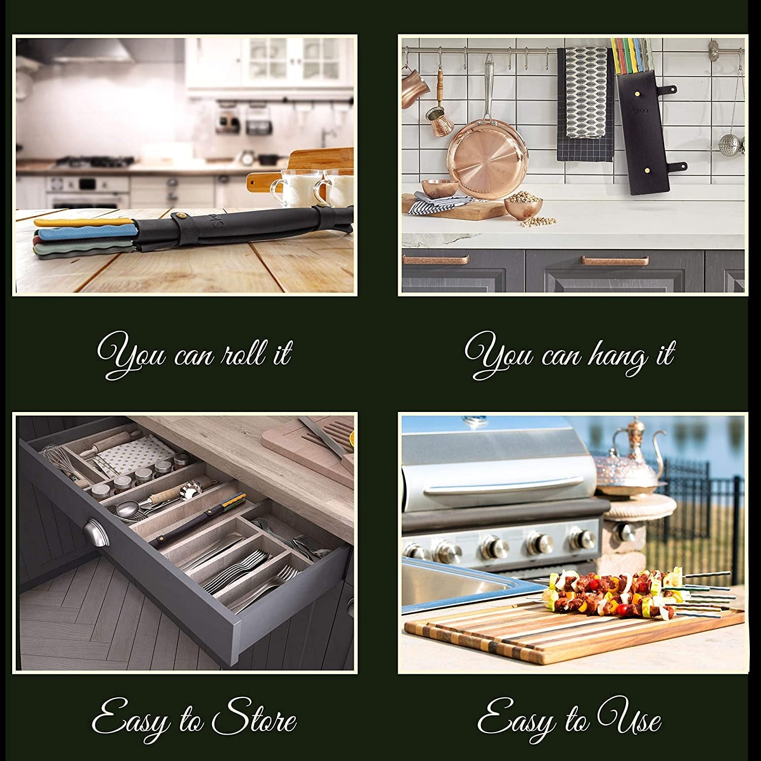 Skoo Barbecue Skewers Set - 7 Silicone Handled Stainless Steel BBQ Skewers + Silicone Storage Bag - 14 Flat Metal Shish Kebab Skewers for Grilling - Reusable Grill Kabob Skewer Sticks + Rollable Bag - Image 3