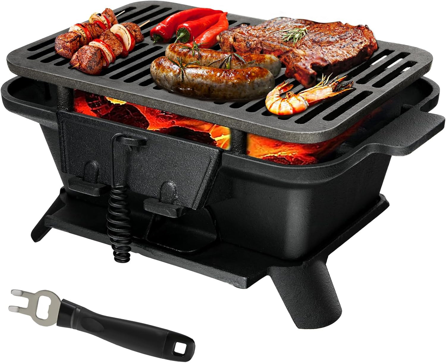 Giantex Portable Hibachi Grill. Double-Sided Cast Iron Grill with Air Regulating Door & Fire Gate. Grate Lifter. Ideal for Outdoor Picnic. Camping & Backyard Barbecue Cooking
