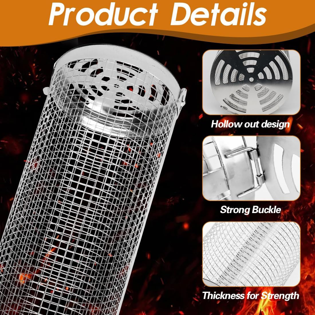 Rolling Grilling Baskets 2 PCS. Stainless Steel BBQ Net Tube Baskets with Oil Sprayer BBQ Accessories Tools for Vegetable Fish Meat Food Camping. Gifts for Men Dad and Husband - Image 5