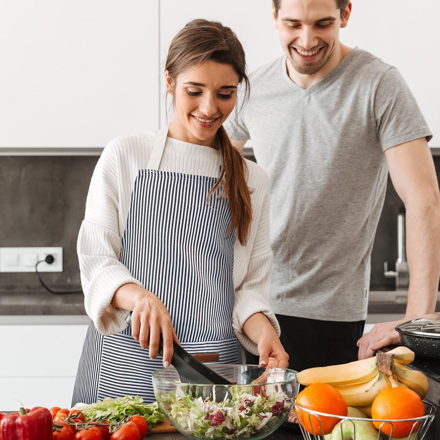 Cooking Apron with Pockets Waterproof Baking Apron Soft Chef Kitchen Aprons Cotton Polyester Blend Adjustable Bib Aprons for Women Men. Crafting BBQ. Black. Blue. Pink. Grey Stripes(4 Pcs) - Image 6