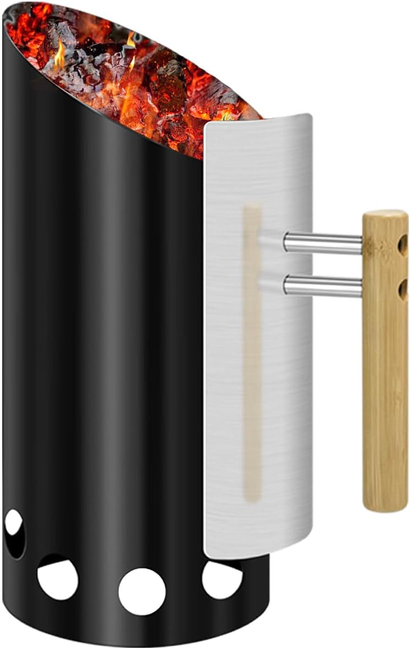 Charcoal Chimney Starter Double Enameled Chimney Starter Charcoal Chimney with Heat Shield & Wood Handle Great Heat Insulation Coal Starter for Grill Easy Grip Charcoal Starter. Black